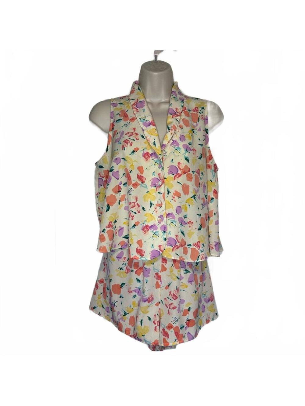 VTG Victoria’s Secret Two Piece Pale Yellow Floral Doll Baby Sleeveless PJs | S